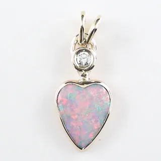 750er Gelbgold Herzanhänger mit GEM Class White Opal aus Coober Pedy Australien und natürlichem Diamant – 1,65 ct Multicolor Farbenspiel