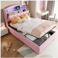Merax Polsterbett (1-tlg), Kinderbett 90x200cm mit LED USB Ablagefach Stauraum,Samt Einzelbett
