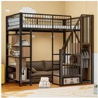 Merax Hochbett (Jugendbett Etagenbett Einzelbett, 1-St) Metallbett Kinderbett 90x200cm mit Stauraumtreppe,Ablageflächen & Zaun