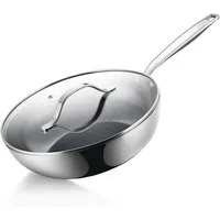 BE Living Wok Essential-Serie Edelstahl Keramik PFAS-frei für Induktion, Edelstahl (1-tlg., mit Glasdeckel), PFAS-freie Keramik-Antihaftbeschichtung, induktionsgeeignet