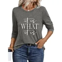 PYLIKE Longsleeve Damen bequemes Basic Rundhalsshirt mit Brief Print Langarmshirt Geeignet für den täglichen Gebrauch im Büro und zu Hause