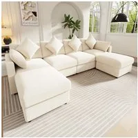 Merax Ecksofa aus Chenille, Modulares Sofa mit verstellbaren Armlehnen, für 4-6 Personen 1 Teile, U-/L-förmiges Sofa mit 2 Hockern, 4 Kissen & 2 Kopfstützen, wandelbar