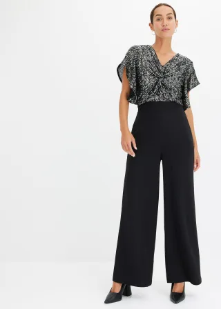 bonprix Jumpsuit, schwarz, Gr.52/54 (XXL), festlicher Jumpsuit mit Pailletten am Oberteil