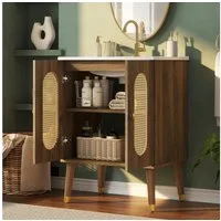 Merax Waschtisch mit Waschbecken, Holzoptik Unterschrank freistehend (ohne Wasserhahn, 1-St), Badmöbel Badschrank mit 2 Rattantüren, Ablagen & Stauraum, 61×47×89cm