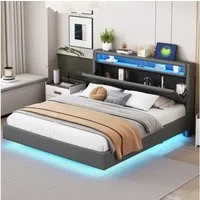 Flieks Polsterbett, LED Doppelbett 160x200cm mit USB-Laden und Stauraum am Kopfteil Leinen