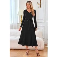Arach&Cloz Strickkleid Damen Pulloverkleid Herbst Winterkleid Lang Plissee V-Ausschnitt Langarm Elegant Midi Kleider Winter