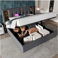 Flieks Polsterbett, Doppelbett mit Kabellosem Laden/USB/Typ-C+Stauraum Baumwolle 160x200cm