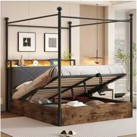 Flieks Himmelbett, Hydraulisches Stauraumbett Metallbett 140x190cm mit LED und USB/Typ-C