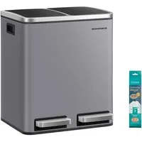 SONGMICS Mülleimer 2 Fächer, Mülltrennsystem, Treteimer, Abfalleimer Küche, 15 Müllsäcke, 2x15 L, Inneneimer aus Kunststoff, Klappdeckel, Softclose, luftdicht