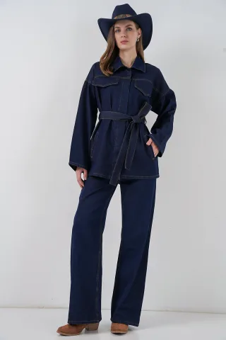 Denim-Set mit jacke mit taschen und geraden hosen