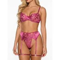 Elegant Love Set: Bügel-BH Sexy Dessous-Set – Satin Damenunterwäsche mit und Stickerei (Set, 3-tlg., BH, Tanga, Strumpfhalter) Lingerie-Set – Reizwäsche für besondere Momente