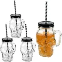 Sinoba Gläser-Set 3D Totenkopf Trinkglas Set Trinkgläser Garten Party Halloween Sommer, 4-tlg., mit Deckel und stabilem Strohhalm aus Glas 450ml