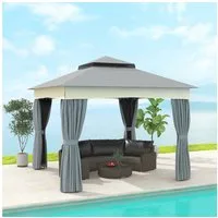 Outsunny Pavillon mit Doppeldach, 3x3 m, mit Moskitonetz, Seitenteile, mit 4 Seitenteilen, (Wasserabweisend Stabil Winterfest Gartenpavillon, Garten-Pavillon), aus Metall, für Garten, Terrasse, Dunkelgrau