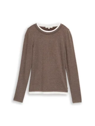 Denim Tom Tailor - Cosy Langarmshirt in 2-in-1-Optik cool dark brown melange - Gr. - XL