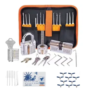 44PCS Orange Picks and Padlocks Set with Spring Steel Tools Transparent Padlocks and Automatic Unlocking Gun for Mechani