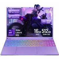 LONGEVINCE 16" Laptop, FHD Display, N95 CPU, 180° Scharnierdesign Notebook (40,64 cm/16 Zoll, Intel Alder Lake-N, Intel UHD Graphics, 16 GB, 512 GB SSD, Tastatur mit Hintergrundbeleuchtung, Fingerabdruckerkennung, Lila)