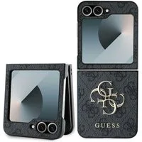 Guess Handyhülle Case Galaxy Z Flip 6 Kunstleder grau Muster Big Logo goldfarben 6,7 Zoll, Kantenschutz