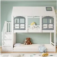 Merax Etagenbett (3 Schließfächer in der Treppe, 1-St., Kieferholzbett Jugendbett Hausdbett mit Fallschutzgitter), Kinderbett 90x200cm mit Aufbewahrungstreppe, Hochbett mit Fenster&Dach