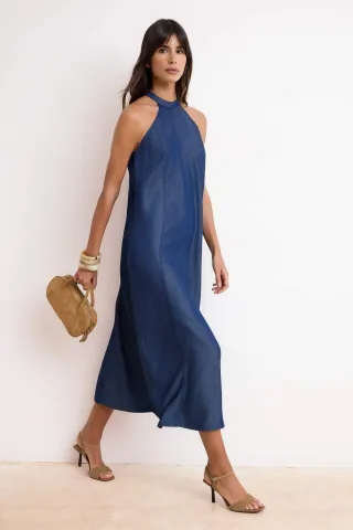 Damen Blaues, flaches, ärmelloses Maxi-Skaterkleid