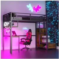 Flieks Hochbett Metallbett 140x200cm mit Stauraumtreppe, Kleiderschrank, Schreibtisch