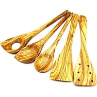 Olivenholz-erleben Kochbesteck-Set aus naturbelassenem Olivenholz (Set, 5-tlg., Kochlöffel ohne/mit Ecke, Pfannenwender mit/ohne Löcher, Salatbesteck), Schonend zu Pfannen & Töpfen, geschmacksneutral