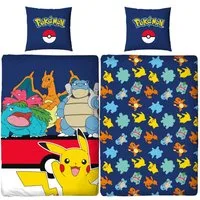 BERONAGE Kinderbettwäsche Pokemon Bettwäsche Pikachu Glurak Bisaflor Turtok Linon / Renforcé, 100% Baumwolle, 135x200 + 80x80 cm