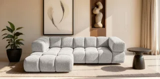 Ecksofa Designersofa BLANCHE in Stoff Puente Hellgrau Ottomane Links