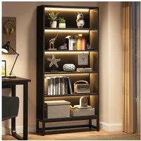 Tribesigns Bücherregal Bücherregal 180 cm mit LED-Beleuchtung, 5-stöckiges schwarzes Regal