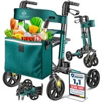 KESSER Rollator Aluminium – faltbar, höhenverstellbar & bis 136 kg belastbar, wetterbeständig, Tasche, Stockhalter, Reflektoren, 360° Gelände Reifen