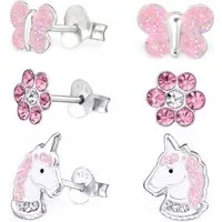 Goldene Hufeisen Ohrstecker-Set 3 Paar Set Ohrstecker Einhorn Schmetterling Blume Ohrringe 925 Silber (6-tlg), 925 Silber (Sterlingsilber), Hypoallergen