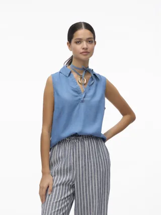 VERO MODA - VMHARPER SL COLLAR SHORT TENCEL TOP GA medium blue denim - Gr. - XS