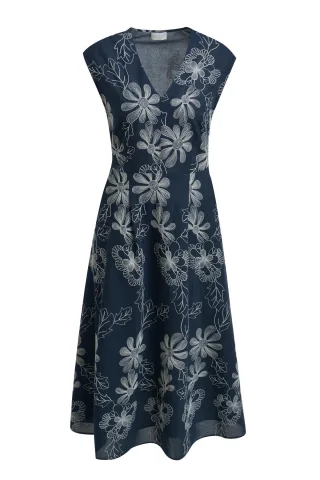 Milano Italy - sleeveless mididress w v-neck navy print - Gr. - 40