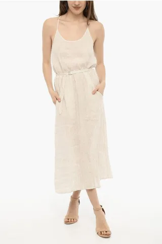 Awning Gestreiftes Leinen-Maxikleid mit Gürtel in Beige, Bianco