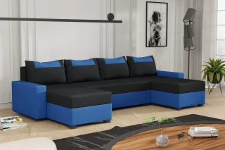 Wohnlandschaft Schlafsofa Sofa HEDVIG Stoff Manila Blau- Schwarz