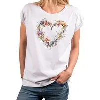 MAKAYA T-Shirt Blumenshirt für Damen – Herz-Motiv & Flower Design (Weiß, Rosa, Hellgrau, Dunkelgrau, Blau, Schwarz, 34, 36, 38, 40, 42, 44, 46, 48, 50) Baumwolle