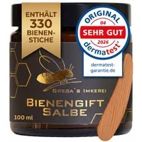 Grega´s Imkerei Körpercreme Bienengiftsalbe 100 ml - Derma Test „Sehr gut“ inkl. Massivholz Cremespatel, 1-tlg., Hochkonzentrierte Muskel- und Gelenkpflege mit ca. 330 Bienenstichen