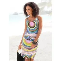 Beachtime by Lascana Strandkleid aus Viskosejersey mit Spaghettiträgern, grafischer Print im Ethno-Stil Kurzes Sommerkleid, luftiges Jerseykleid, Spaghettikleid, Festival