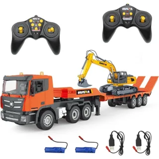 HuiNa Toys 1319 RTR 1/24 2.4G 9CH RC Car Excavator Flat Trailer Flatbed Semi Truck Remote Control Simulation Sound LED L