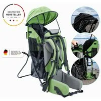 FASports Rückentrage Lil' Boss Kinderkraxe, Kindertrage (grün-grau, 1-tlg., Kinderrückentrage), Babytrage, 5-Punkt-Sicherungsgurt, Regen- und Sonnendach, Taschen