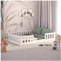 CADANI Kinderbett MONTE Bodenbett mit abnehmbaren Rausfallschutz - bis 200 kg belastbar (140x200 cm, Weiß, 2in1 Montessori Kinder- und Jugendbett), 2 Aufbauvarianten, barrierefrei umbaubar, Roll-Lattenrost, Made in EU