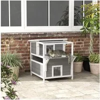 PawHut Tierhöhle aus Tannenholz, mit Balkon, Eingängen, für Katzen bis 5 kg, Outdoor, 64 x 87 x 76 cm, Hellgrau