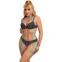 Lau-Fashion Bodystocking Catsuit Neon Rainbow Fishnet Transparent Body Stocking Ärmellos S/XL Strumpfbody