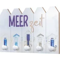 Levandeo® Wandgarderobe, Wandgarderobe L40cm Meerzeit Blau Weiß Holz Maritim 5 Haken Wandbild