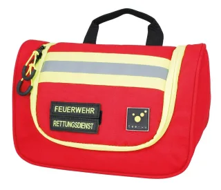 Waschbeutel | TEE-UU | HERO | rot | inkl. Klettstreifen "FEUERWEHR" & "RETTUNGSDIENST" | Signal- & Reflexstreifen | Hinstellen oder Aufhängen