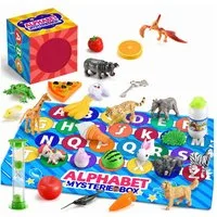 Wootoy Lernspielzeug Alphabet Lernbox Buchstaben-Zuordnungs- und Sortierspiel Lernspiel (mit 26 Figuren, Sanduhr und Buchstabentafel, 1-St., Unterschiedliche Motive wie Tiere Früchte weitere Alltagsgegenstände), ideal für Zuhause Kindergarten und unt