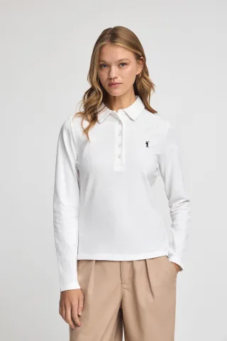 Poloshirt weiß mit langen Ärmeln, Fünf-Knopf-Kragen und gesticktem Rigby Go-Logo