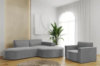 Sofa Set 2-teilig Sessel und Ecksofa PALMA XS Stoff Opera Grau Ottomane Rechts