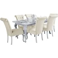 Deine Möbel 24 Essgruppe LUISE Tischgruppe Glamour Tisch mit 4 / 6 Stühlen Esszimmer, (Graphit Anthrazit Dunkelgrau Grau Beige Schwarz, 7-tlg., Wohnzimmer, Esstisch aus Massivholz), in Weiß hochglanz Stühle in Samt Velour 140x80x180 170x90x210