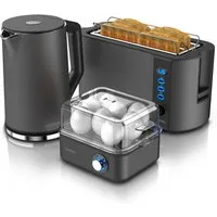 Arendo Frühstücks-Set Wasserkocher 1,5l, 4-Scheiben Toaster, 8er Eierkocher, Cool Grey (3-tlg), Wasserkocher 40-100°C, Toaster: LED-Display, Eierkocher: 1-8 Eier