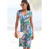 LASCANA Sommerkleid mit V-Ausschnitt im Alloverdruck, Jerseykleid T-Shirtkleid aus Jersey, leichtes Strandkleid, Viskosekleid